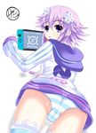  1girl ass blush cameltoe choujigen_game_neptune d-pad from_behind from_below hairclip helvetica_5tandard hoodie looking_at_viewer neptune_(choujigen_game_neptune) neptune_(series) open_mouth panties playing_games purple_eyes purple_hair shiny shiny_hair shiny_skin short_hair solo striped striped_legwear striped_panties thighhighs underwear upskirt 