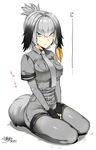  2017 artist_name between_breasts between_legs black_gloves bodystocking breast_pocket breasts closed_mouth dated expressionless eyebrows_visible_through_hair fingerless_gloves folded_ponytail gloves green_eyes grey_hair grey_jacket grey_legwear grey_neckwear hair_between_eyes jacket kemono_friends kojima_saya medium_breasts necktie pocket seiza shadow shoebill_(kemono_friends) short_sleeves simple_background sitting solo staring tail white_background 