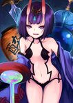  alcohol bangs blunt_bangs bottle breasts collarbone commentary_request cowboy_shot cup fate/grand_order fate_(series) headpiece highres japanese_clothes kimono looking_at_viewer navel oni open_clothes open_kimono open_mouth otogi_kyouka pouring purple_eyes purple_hair purple_kimono revealing_clothes sakazuki sake sake_bottle short_hair shuten_douji_(fate/grand_order) small_breasts smile solo sword teeth thighs weapon 