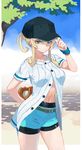  aqua_shorts arm_behind_back ball baseball baseball_cap baseball_mitt baseball_uniform belt belt_buckle black_hat blonde_hair blue_shorts breasts buckle buttons closed_mouth commentary_request day fingernails green_eyes hair_between_eyes hand_on_headwear hand_up hat holding holding_ball legs_apart looking_at_viewer medium_breasts midriff navel original outdoors ponytail ribbed_shirt shirt short_shorts short_sleeves shorts solo sportswear standing stomach sweatdrop tree unbuttoned unbuttoned_shirt washi_no_tosaka wristband 
