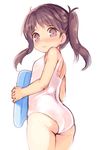  ass bangs blush brown_eyes brown_hair closed_mouth eyebrows_visible_through_hair from_side kickboard kurasuke long_hair looking_at_viewer looking_back one-piece_swimsuit original school_swimsuit simple_background solo swimsuit tareme thighs twintails white_background 