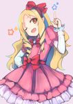  ;d beige_background blonde_hair blush bow brown_eyes commentary_request cowboy_shot dress eromanga_sensei fang frills hair_bow hair_ribbon highres index_finger_raised long_hair long_sleeves looking_at_viewer one_eye_closed open_mouth otogi_kyouka pink_dress pointing pointing_up red_bow red_ribbon ribbon ringlets simple_background smile solo star wavy_hair yamada_elf 