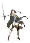  armor armored_boots bare_shoulders bell black_legwear blue_hair boots breastplate cape fingerless_gloves fire_emblem fire_emblem_cipher fire_emblem_echoes:_mou_hitori_no_eiyuuou full_body gloves hair_ornament hidari_(left_side) highres holding holding_sword holding_weapon long_hair looking_away official_art open_mouth purple_hair short_sleeves solo sword teeth thighhighs weapon yuzu_(fire_emblem) zettai_ryouiki 