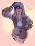  &gt;_&lt; :d blue_hair closed_eyes collarbone english gloves graffiti_tracer hood hoodie murasaki-yuri open_mouth overwatch smile solo tracer_(overwatch) xd 