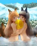  animal_ears blush ezo_red_fox_(kemono_friends) fox_ears fox_tail groin hidden_mouth ifpark_(ifpark.com) kemono_friends kerorin_(brand) looking_at_viewer multiple_girls navel onsen orange_hair silver_fox_(kemono_friends) silver_hair tail yellow_eyes yuri 