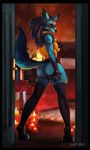  anthro bedroom breasts butt candle clothing door female fleet-foot_(artist) legwear looking_at_viewer lucario nintendo nipple_tape nude pasties pok&eacute;mon pose pussy rear_view side_boob smile tape thigh_highs video_games 