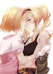  bare_shoulders belt blonde_hair blue_eyes breasts cleavage closed_eyes commentary_request cover cover_page djeeta_(granblue_fantasy) granblue_fantasy hairband hatamichi_(ichibata5656) imminent_kiss long_hair medium_breasts midriff multiple_girls off_shoulder pink_hairband pink_shirt shirt short_hair short_sleeves translated twintails yuri zeta_(granblue_fantasy) 