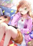  1girl adjusting_eyewear bad_hands blurry blurry_background blush bow brown_hair brown_shorts double_bun girls&#039;_frontline green_eyes hair_bow hair_bun hand_up highres indoors jacket long_hair long_sleeves looking_at_viewer one_eye_closed pink_jacket rfb_(girls&#039;_frontline) shirt shorts sitting solo u.b_m1s2s white_shirt 