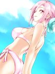  amatsuka_megumi_(gj-bu) arched_back arms_behind_back ass back bikini blue_sky bow breasts cloud commentary day gj-bu hair_bow highres light_smile looking_back medium_breasts parted_lips pink_bikini pink_eyes pink_hair short_hair side-tie_bikini sideboob silve sky solo swimsuit 
