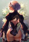  arms_at_sides ass back_cutout black_dress black_gloves black_hairband black_legwear closed_eyes dress feather-trimmed_sleeves flower from_behind gloves grey_leotard hairband holding holding_sword holding_weapon juliet_sleeves leotard lily_(flower) lips long_sleeves looking_to_the_side nier_(series) nier_automata no_blindfold nose parted_lips puffy_sleeves short_hair silver_hair solo standing sword thighhighs vambraces weapon white_flower yang_fan yorha_no._2_type_b 