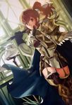  anna_(fire_emblem) armor axe bangs battle_axe belt bird cape eyebrows_visible_through_hair feh_(fire_emblem_heroes) fire_emblem fire_emblem_cipher fire_emblem_heroes garter_straps gloves holding holding_weapon indoors looking_at_viewer official_art over_shoulder owl ponytail red_eyes red_hair shoulder_armor smile thighhighs weapon weapon_over_shoulder zettai_ryouiki 