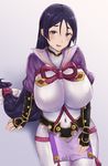  bodysuit breasts fate_(series) fingerless_gloves gloves hips huge_breasts long_hair looking_at_viewer low-tied_long_hair minamoto_no_raikou_(fate/grand_order) moshoko_(mizuneroku) navel purple_eyes purple_hair smile solo twitter_username very_long_hair 