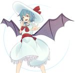  :d alternate_headwear ascot bat_wings blue_hair brooch commentary_request cowboy_shot dress frilled_dress frills hat hat_ribbon jewelry looking_at_viewer mknongr open_mouth outstretched_arm red_eyes red_neckwear red_ribbon red_sash remilia_scarlet ribbon sash short_hair smile solo sun_hat touhou white_background white_dress white_hat wings 