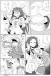  closed_eyes comic commentary_request flat_chest food food_in_mouth greyscale ikusotsu inazuma_(kantai_collection) japanese_clothes jun'you_(kantai_collection) kantai_collection magatama monochrome multiple_girls onmyouji panties ryuujou_(kantai_collection) speech_bubble spiked_hair steam translated twintails underwear visor_cap yuudachi_(kantai_collection) 