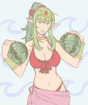  bikini breasts chiki fire_emblem fire_emblem:_kakusei fire_emblem:_monshou_no_nazo fire_emblem_heroes green_eyes green_hair hair_ornament highres jivke large_breasts long_hair looking_at_viewer mamkute navel pointy_ears ponytail red_bikini smile solo swimsuit 