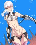  armor ass_visible_through_thighs ban bare_shoulders blue_background breastplate breasts chain closed_mouth commentary_request dutch_angle elbow_gloves fate/grand_order fate_(series) fingerless_gloves gauntlets gloves highres looking_at_viewer navel penthesilea_(fate/grand_order) revealing_clothes short_hair short_hair_with_long_locks silver_hair small_breasts solo thigh_gap thighhighs underboob yellow_eyes 