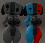  animate_inanimate anthro big_breasts breasts canine dog duo female hands_behind_back looking_at_viewer mammal nintendo nintendo_switch nipples nude open_mouth pussy short_stack simple_background smile standing switch_dog thick_thighs video_games wide_hips 