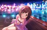  artist_request bag bangs bench blurry blush bokeh bow breasts brown_hair cardigan city_lights cleavage depth_of_field dress fang green_eyes hair_bow hair_ornament hand_on_own_chest handbag head_tilt idolmaster idolmaster_cinderella_girls idolmaster_cinderella_girls_starlight_stage jewelry large_breasts leaning_forward long_sleeves looking_at_viewer maekawa_miku medium_breasts necklace night official_art open_cardigan open_clothes open_mouth outdoors pier pink_dress railing short_dress short_hair sitting sleeves_past_wrists solo source_request sparkle tareme 