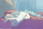  aqua_(fire_emblem_if) artist_name bed_frame blanket blue_background blue_hair blush closed_eyes female_my_unit_(fire_emblem_if) fire_emblem fire_emblem_if highres jewelry long_hair long_sleeves messy_hair multiple_girls my_unit_(fire_emblem_if) pillow pointy_ears ring sleeping spaghetti_strap ticcy under_covers very_long_hair yuri 