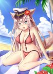  animal_ears blanket blue_eyes blush breasts cleavage day dog_ears dog_tail flower highres large_breasts long_hair looking_away looking_down navel open_mouth outdoors palm_tree qurare_magic_library rommeling silver_hair sitting solo tail tan tanline teeth tree wardrobe_malfunction wariza 