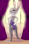 2017 :3 akiric anthro bedroom_eyes bunny_costume butt clothed clothing costume curtains disney eyebrows eyelashes eyeshadow female fishnet half-closed_eyes hands_on_hips judy_hopps lagomorph legwear looking_at_viewer looking_back makeup mammal rabbit rear_view seductive shirt_collar shirt_cuffs smile solo standing stockings window zootopia 