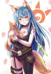  :&gt; animal animal_ears blue_hair blush breasts cleavage collar collarbone eyebrows_visible_through_hair fox fox_ears fox_tail highres holding holding_animal large_breasts looking_at_viewer qurare_magic_library rommeling smile tail yellow_eyes 