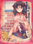  bookmark bow brown_hair character_name closed_umbrella cowboy_shot drill_hair film_strip hair_bow hakama harukaze_(kantai_collection) highres itomugi-kun japanese_clothes kantai_collection kimono long_hair meiji_schoolgirl_uniform oriental_umbrella pink_kimono red_bow red_eyes red_hakama smile solo twin_drills umbrella window 