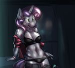  2017 anthro anthrofied bluecoffeedog blush bra breasts cleavage clothed clothing equine female horn mammal panties pose solo standing sweeitie_belle_(mlp) underwear undressing unicorn 