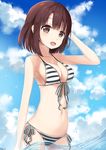  :d arm_at_side arm_up artist_name ass_visible_through_thighs bangs bikini black_bikini blue_sky blush breasts brown_eyes brown_hair cloud cloudy_sky contrapposto cowboy_shot day eyebrows_visible_through_hair front-tie_top hand_in_hair highres kanz katou_megumi large_breasts looking_at_viewer navel open_mouth outdoors saenai_heroine_no_sodatekata short_hair side-tie_bikini sky smile solo sparkle standing stomach striped striped_bikini sunlight swimsuit wading water water_drop 
