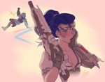  artist_name blue_hair breasts brown_eyes cleavage english gloves graffiti_tracer gun hair_pulled_back hand_on_own_cheek hood hoodie medium_breasts multiple_girls murasaki-yuri overwatch ponytail rifle sniper_rifle talon_widowmaker tracer_(overwatch) weapon widowmaker_(overwatch) yuri 