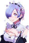  blue_eyes blue_hair bow breasts cleavage detached_sleeves hair_ornament hair_over_one_eye heart highres maid maid_headdress medium_breasts pink_ribbon re:zero_kara_hajimeru_isekai_seikatsu rem_(re:zero) ribbon ribbon-trimmed_sleeves ribbon_trim rin2010 short_hair smile solo underbust upper_body x_hair_ornament 