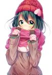  black_gloves blush brown_coat coat eyebrows_visible_through_hair fingerless_gloves gloves green_eyes green_hair hat heart looking_at_viewer ntk_(7t5) pink_scarf red_hat scarf solo tokyo_7th_sisters upper_body winter_clothes winter_coat zipper_pull_tab 