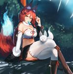  animal animal_ears animal_on_lap bare_shoulders bell black_skirt boots braid breasts cleavage commentary crop_top crossed_legs detached_sleeves ehrrr food fox fox_ears fox_tail fur_collar hair_ornament hairclip highres jingle_bell knee_boots large_breasts long_hair looking_at_viewer midriff mouth_hold navel original outdoors ponytail popsicle red_hair ribbon-trimmed_legwear ribbon_trim short_braid side_braid single_braid sitting skirt solo tail thighhighs white_legwear yellow_eyes 