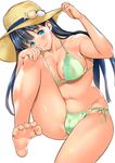  barefoot bikini black_hair breasts character_request cleavage copyright_request feet green_bikini green_eyes hat highres large_breasts leaning_to_the_side long_hair looking_at_viewer shell shigaoka side-tie_bikini sitting smile soles solo sun_hat swimsuit toes 