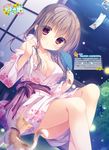  artist_name breasts brown_hair cat cleavage collarbone eyebrows_visible_through_hair fan hair_between_eyes highres holding holding_fan holding_towel japanese_clothes kimono large_breasts long_hair night open_clothes open_kimono original parted_lips red_eyes sitting sky solo star_(sky) starry_sky towel tree white_kimono yukie_(peach_candy) 