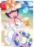  :d aano_(10bit) absurdres alcohol bare_shoulders beach beer beer_mug breasts cup day dress fangs fate/grand_order fate_(series) fou_(fate/grand_order) hat highres holding holding_cup horns ibaraki_douji_(fate/grand_order) innertube looking_at_viewer multiple_girls oni oni_horns open_mouth purple_eyes purple_hair short_hair shuten_douji_(fate/grand_order) small_breasts smile strap_slip straw_hat white_dress 