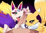  &lt;3 &lt;3_eyes anthro black_sclera blush breasts canine collaborative_fellatio crossgender crossover crying digimon digiphilia erection faceless_male fellatio female first_person_view fox green_sclera group human kyubi_(yo-kai_watch) licking looking_at_viewer male male/female male_pov mammal nude open_mouth oral penis penis_lick precum renamon saliva sex simple_background tears teddy_jack tongue tongue_out video_games yo-kai_watch 