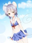  abe_suke alternate_hairstyle animal_ears bare_shoulders bikini_skirt blue_skirt blue_sky cloud collarbone commentary cowboy_shot day grey_hair hair_ribbon light_smile looking_at_viewer low_twintails miniskirt mouse_ears nazrin ribbon sailor_beach_wear_(no.s_project) sailor_bikini sailor_collar short_hair short_twintails skirt skirt_hold sky solo stomach thigh_gap touhou twintails yellow_eyes 