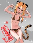  1girl animal_ears animal_print bikini black_hair chinese_zodiac chiwa_(fcwv5738) claw_pose commentary_request cowboy_shot grey_background hands_up head_tilt highres long_hair looking_at_viewer multicolored_hair new_year orange_bikini orange_hair original petite simple_background sitting solo streaked_hair swimsuit tail tiger_ears tiger_girl tiger_print tiger_print_bikini tiger_tail translation_request year_of_the_tiger yellow_eyes 