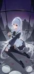  1girl absurdly_long_hair alternate_hair_length_(longer) apron ascot between_fingers black_ascot black_dress black_shoes black_thighhighs bow braid chinese_commentary commentary_request dress fork green_bow grey_hair hair_bow highres holding holding_knife holding_pocket_watch izayoi_sakuya kenkxx knife knives_between_fingers long_hair long_sleeves maid maid_apron maid_headdress mary_janes on_floor plate pocket_watch red_eyes shoes sitting solo thigh_strap thighhighs touhou twin_braids very_long_hair watch watermark watermark_grid white_apron 