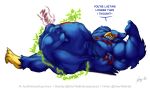 abdominal_bulge anthro avian belly big_belly big_muscles bird blue_body dialogue falco_lombardi falcon falconid huge_belly huge_muscles ivore male male_pred muscular muscular_male nintendo prey_outline rumbling_stomach same_size_vore star_fox text vore