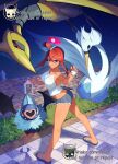  1girl ariekochan ass bare_shoulders bat_(animal) bird blue_eyes blush breasts colored_sclera commentary denim denim_shorts english_commentary flip-flops gold_skin hair_ornament highres holding holding_poke_ball large_breasts long_hair looking_at_viewer mega_pokemon mega_skarmory metal_skin midriff night noibat one_side_up open_mouth parted_lips poke_ball poke_ball_(basic) pokemon pokemon_(creature) pokemon_black_and_white pokemon_legends:_z-a red_hair red_sclera rooftop sandals short_hair_with_long_locks shorts sidelocks skarmory sky skyla_(pokemon) smile swanna tank_top white_tank_top wings 
