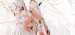  1girl anklet barefoot bracelet chain chinese_commentary commentary_request feathered_wings gold_chain harpy jewelry knees_up monster_girl muyihui original pink_robe robe simple_background solo two-tone_robe white_background white_hair white_robe white_wings wings 