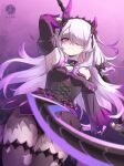  1girl arm_up artist_name asymmetrical_horns black_bow black_dress black_panties black_thighhighs bow breasts broken_horn chest_jewel colored_inner_hair commentary cross-laced_clothes cross-laced_dress detached_collar detached_sleeves dress english_commentary face_jewel fake_horns frilled_dress frills gem gloves grey_hair hair_bow hair_flaps hair_over_one_eye hairband hand_jewel highres holding holding_weapon hololive hololive_english horn_hairband horns jewel_under_eye koseki_bijou koseki_bijou_(gore_magala) long_hair looking_at_viewer multicolored_gem multicolored_hair official_alternate_costume panties pantyshot purple_background purple_eyes purple_gem purple_hair runeko signature small_breasts smile solo thighhighs torn_clothes torn_thighhighs underwear uneven_horns very_long_hair virtual_youtuber weapon 