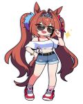  1girl absurdres adjusting_eyewear animal_ears bare_shoulders belt black_belt blush bracelet breasts brown_hair daiwa_scarlet_(umamusume) denim denim_shorts fang hair_between_eyes hair_intakes highres horse_ears horse_girl horse_tail jewelry jorang_(jorang08) long_hair looking_at_viewer medium_breasts midriff off-shoulder_shirt off_shoulder open_mouth red_eyes shirt shoes shorts skin_fang smile socks solo sunglasses tail tiara twintails umamusume very_long_hair white_shirt white_socks 