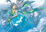  1girl above_clouds barefoot blue_dress braid cloud cross-laced_clothes cross-laced_dress dress feathered_wings flying full_body green_eyes grey_hair highres long_hair muyihui original pegasus smile solo twin_braids white_wings wings 