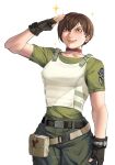  1girl absurdres arm_at_side armor artist_name belt belt_buckle belt_pouch black_gloves blush body_armor breasts brown_hair buckle bulletproof_vest cargo_pants choker closed_mouth commentary fingerless_gloves gloves green_eyes green_pants green_shirt highres lips medium_breasts pants police police_uniform pouch ramitto rebecca_chambers red_choker resident_evil resident_evil_0 salute shirt short_hair simple_background smile solo sparkle t-shirt utility_belt white_background 