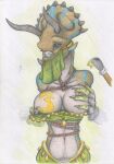 3_horns 5_fingers anthro arms_tied artist_logo athletic athletic_anthro athletic_female bdsm big_breasts big_nipples blue_eyes blue_stripes bondage bottomwear bound breast_fondling breast_play breasts brown_body brown_scales brush ceratopsian ceratopsid chasmosaurine claws clothed clothing colored_pencil_(artwork) dinosaur disembodied_hand eyelashes face_veil female finger_claws fingers fondling gag gagged gloves graphite_(artwork) hand_on_breast hands_behind_back handwear hi_res holding_object horn jewelry logo looking_at_viewer marginocephalian mostly_offscreen_character muffled multi_horn navel nipples ornithischian paint paintbrush partially_clothed partially_clothed_anthro partially_clothed_female prehistoric_species reptile restrained restraints rope rope_bondage rope_harness scales scalie simple_background spikes spikes_(anatomy) spiritalpha striped_body striped_scales stripes submissive submissive_anthro submissive_female tape tape_gag topless tracy_(raphael) traditional_media_(artwork) triceratops