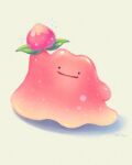  arm_up berry berry_(pokemon) black_eyes commentary_request ditto food fruit holding holding_food no_humans open_mouth pecha_berry penpen_(pencopeco) pokemon pokemon_(creature) pokemon_focus shiny_skin simple_background sparkle 