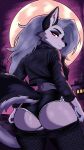 absurd_res anthro bedroom_eyes bottomwear bottomwear_down butt canid canid_demon canine canis clothed clothing demon female fishnet_stockings full_moon hellaverse hellhound helluva_boss hi_res jacket looking_back loona_(helluva_boss) mammal moon mythological_canine mythological_creature mythology narrowed_eyes partially_clothed seductive shorts shorts_down solo thong topwear underwear wolf xxqueencyrenexx